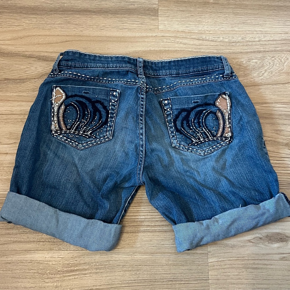 Y2K Virgin Only Jeans Embellished Dark Wash Denim Shorts with Cuffed Hem
